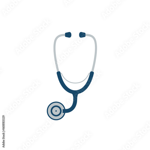 Illustration of a blue and white stethoscope on a white background, medical equipment used for auscultation.