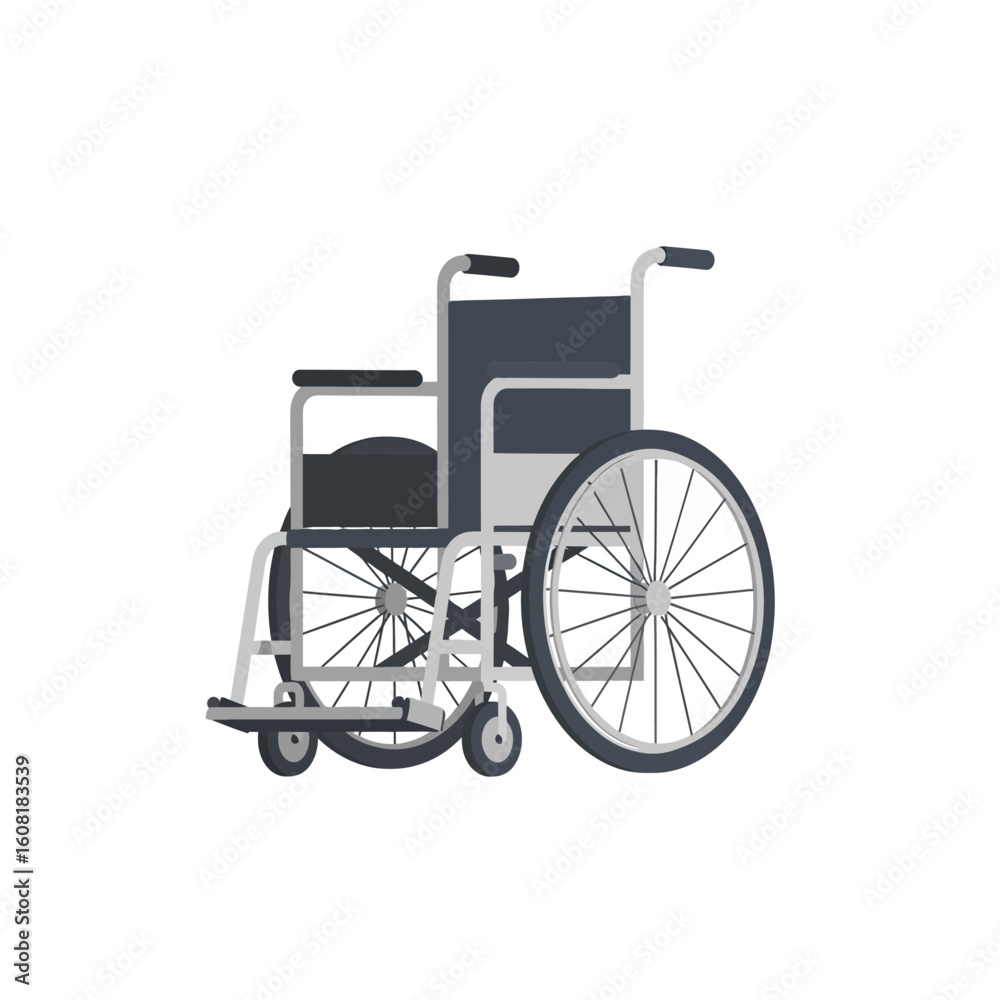 Fototapeta premium A standard wheelchair, dark gray seat, silver frame, isolated on white.