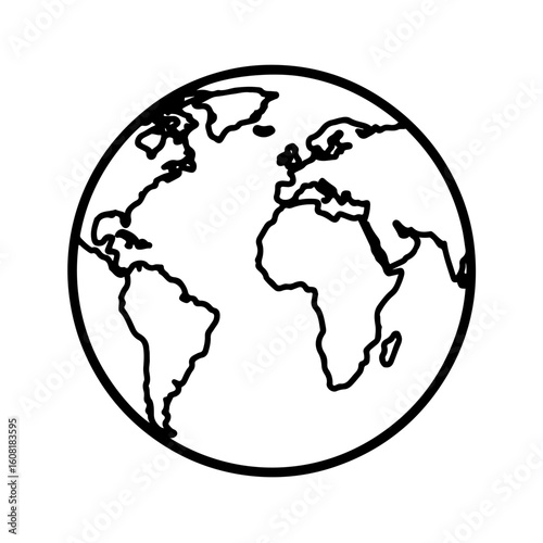 Simplified black outline drawing of the Earth globe showing continents