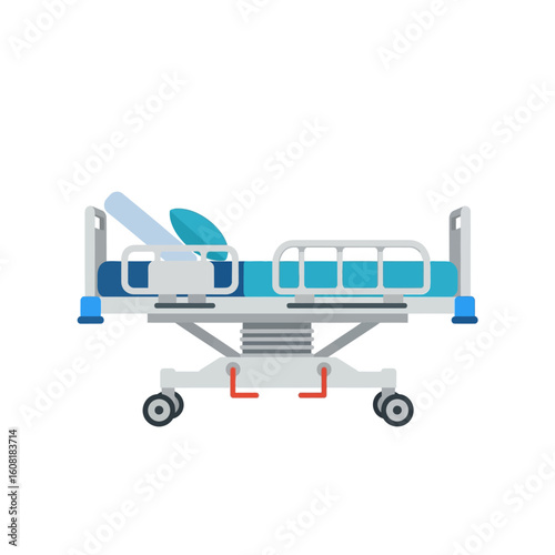 Illustration of a hospital bed with blue mattress and pillow, featuring adjustable rails and wheels, isolated on a white background.