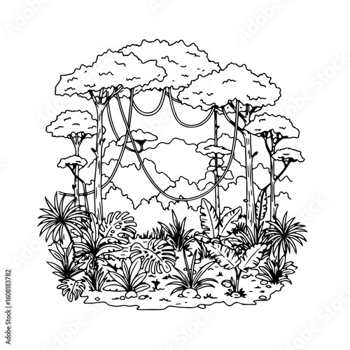 Lush Rainforest Scene with Vines and Tropical Plants