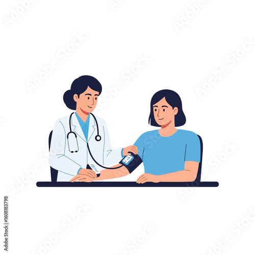 A female doctor wearing a white coat and stethoscope measures a patient's blood pressure using a cuff.