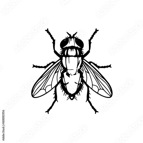 Detailed Black and White Illustration of a Common Housefly Insect