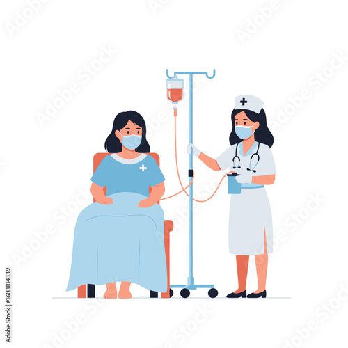 A masked patient receives intravenous fluids from a nurse in a medical setting.