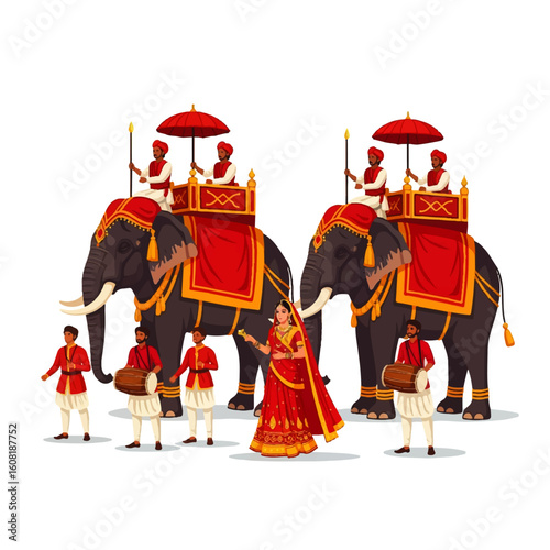Indian wedding procession with elephants and musicians.