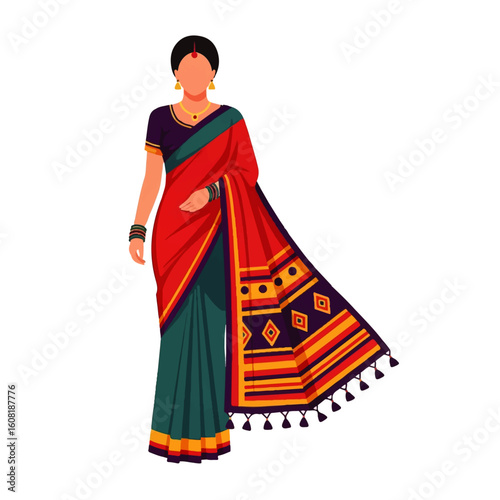 Elegant woman in a vibrant red and teal Indian saree with intricate border design.