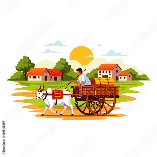 A farmer guides a white ox pulling a wooden cart laden with hay through a rural village at sunset.