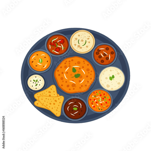 Overhead view of a thali, featuring a central flatbread surrounded by small bowls of various Indian dishes and condiments on a dark plate.