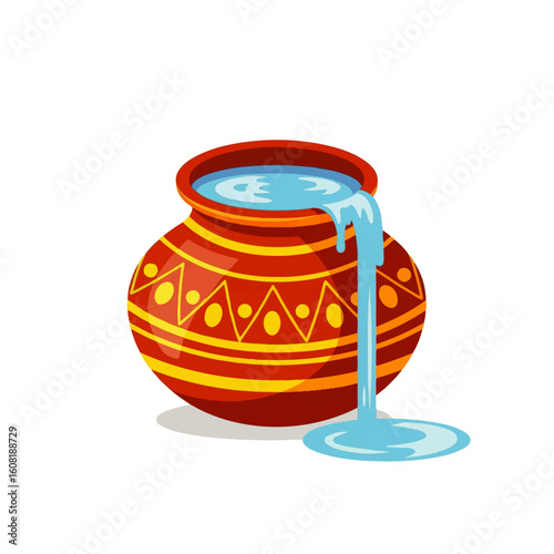 An ornate, traditional clay pot filled with water that is overflowing onto the ground.
