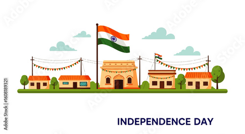 Festive Indian village scene celebrating Independence Day with flag and decorations.