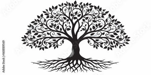 A clean black and white vector illustration of a family tree with elegantly branching limbs and structured hierarchy