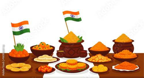 A vibrant display of Indian sweets and snacks, adorned with national flags, celebrating Indian cuisine and culture.