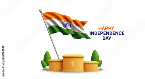 Celebratory image of the Indian flag waving above a podium, commemorating Independence Day.