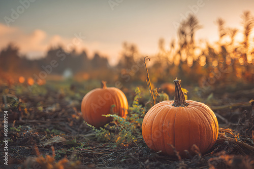 Two Vibrant Orange Pumpkins in a Harvested Field During Golden Sunset in Autumn