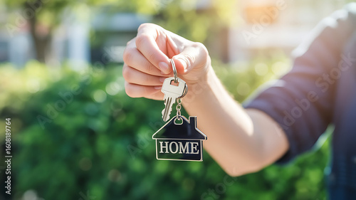 Excitedly holding house keys with a charming home keychain, celebrating new beginnings and the dream of homeownership under a sunny sky.