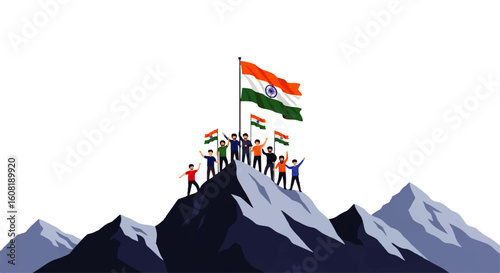 A group of people celebrating with Indian flags atop a snow-capped mountain peak.