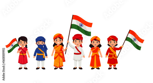 Children dressed in traditional Indian attire holding national flags, celebrating a patriotic event.