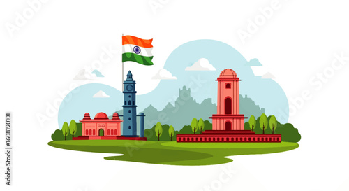 Indian flag flies high over iconic monuments and lush green landscape.