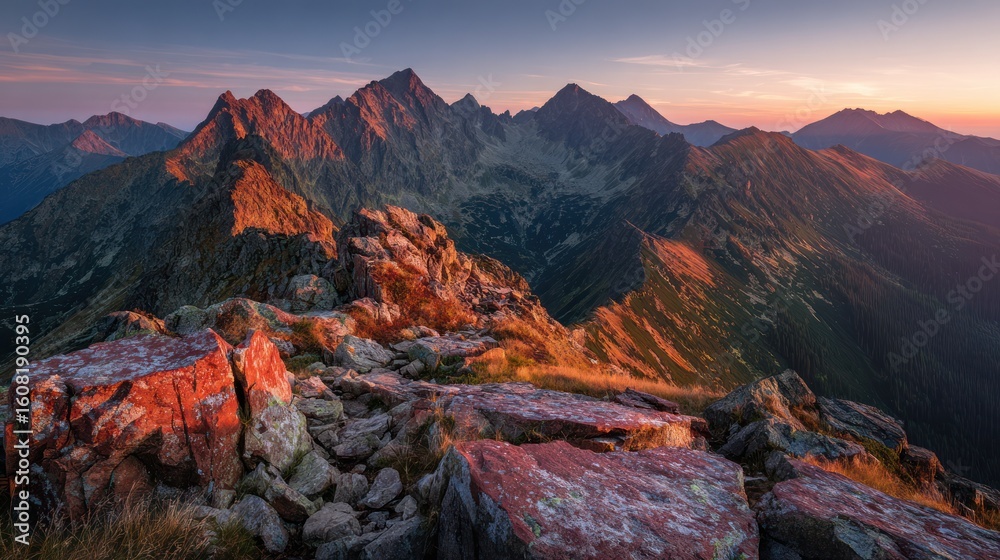 Fototapeta premium Mountain ridge at sunset. Rocky peak at dawn