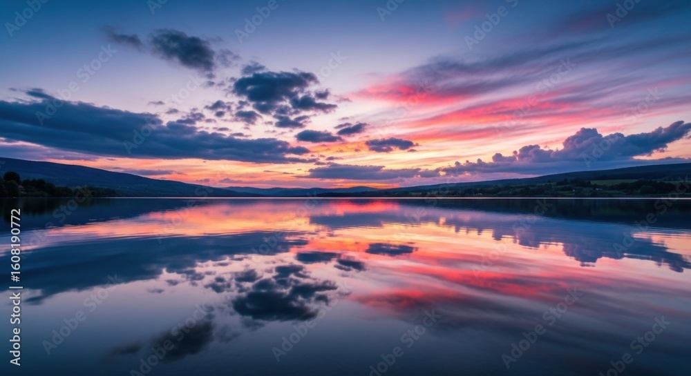Fototapeta premium Vibrant Sunset Over a Serene Lake Reflecting the Colorful Sky and Distant Hills
