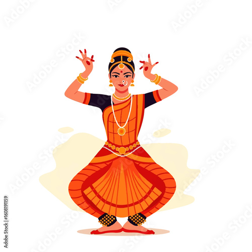 A Bharatanatyam dancer, in a vibrant orange costume, performs a graceful pose, adorned with traditional jewelry.