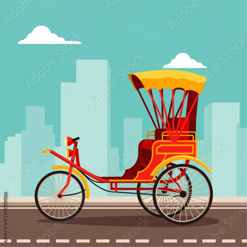 A vibrant illustration of a red and yellow rickshaw on a city street, ready for transport.