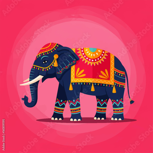 Ornate decorated elephant, vibrant colours, festive design, Indian cultural theme.