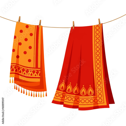 Ornate orange and red textiles hang drying on a clothesline.