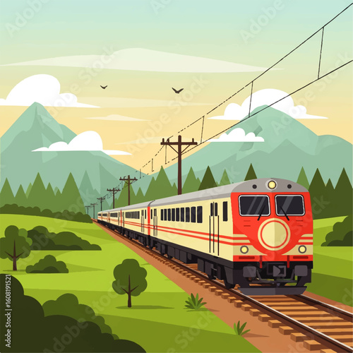 Scenic train journey through lush green mountains at sunset.