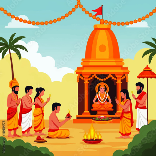 Hindu devotees in traditional attire performing a puja ceremony at a temple in a serene landscape.