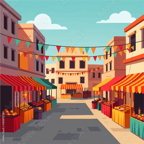 A vibrant illustration depicting a bustling marketplace scene with colorful stalls, buildings, and festive decorations under a bright sky.