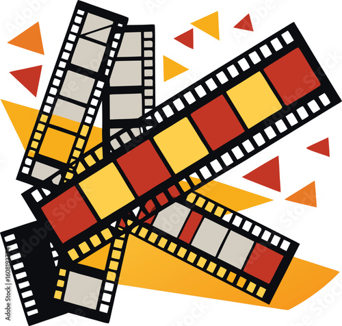Dynamic fragmented film strip frames with vibrant color accents