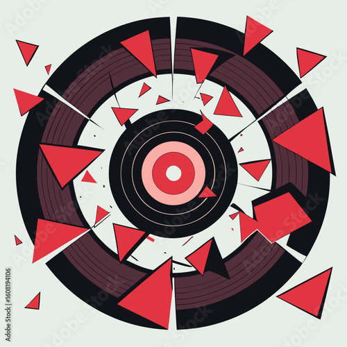 Abstract shattered vinyl record fragments with colorful accents