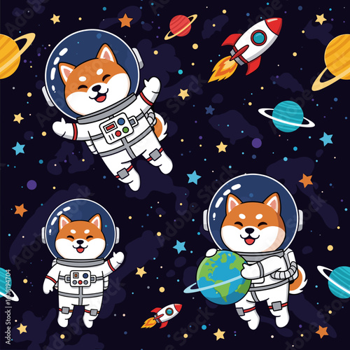 Adorable Shiba Inu Astronauts in Space: Perfect for kids' apparel, children's books, or space-themed websites.