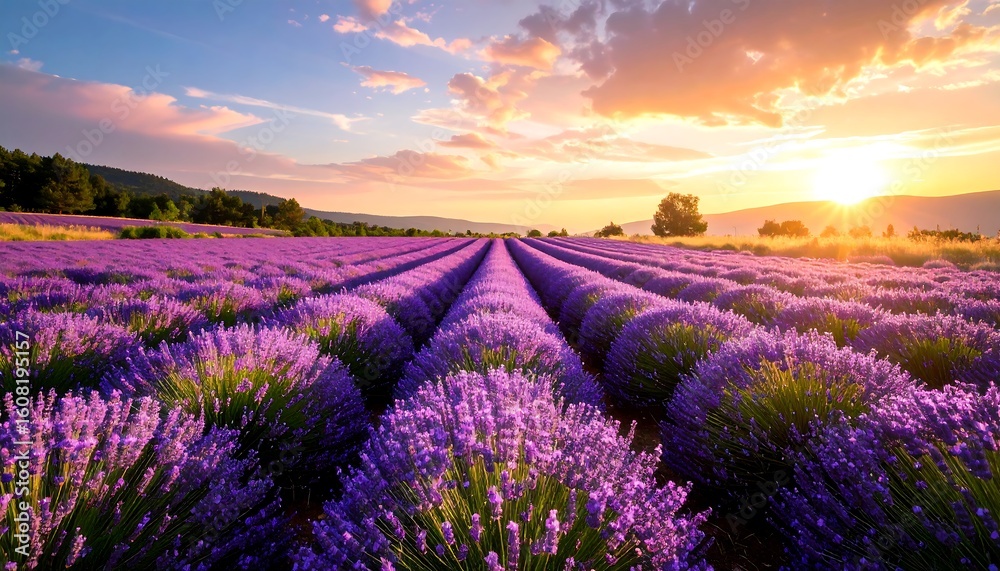 Naklejka premium Lavender field at sunset. Vast field of purple lavender flowers stretches into the distance at golden hour
