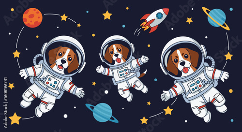 Three adorable beagles in astronaut suits floating in space, perfect for children's books, apparel, or websites.