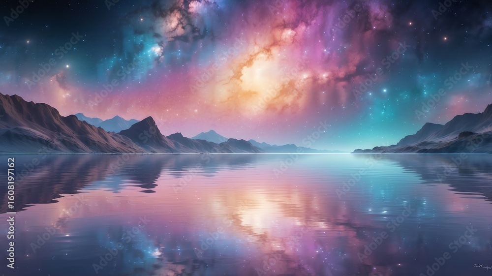 Fototapeta premium Colorful Galaxy Reflection on Water with Mountains - Serene Space Landscape