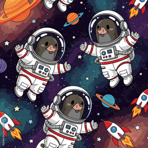Cute moles in astronaut suits floating in space, perfect for children's books or apparel.