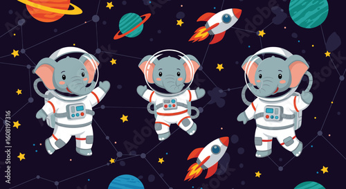 Three cute elephants in astronaut suits floating in space, perfect for children's books, websites, or apparel.