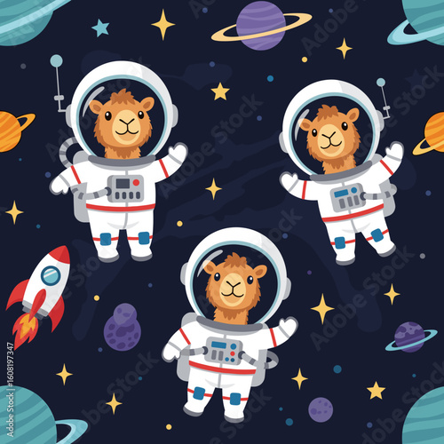 Cute llamas in spacesuits floating in space, perfect for children's books, textiles, or websites.