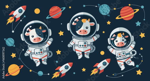 Cute cows in spacesuits floating in space, perfect for children's books, websites, or apparel.