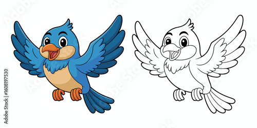 Cheerful blue bird flying with open wings cartoon wings spread