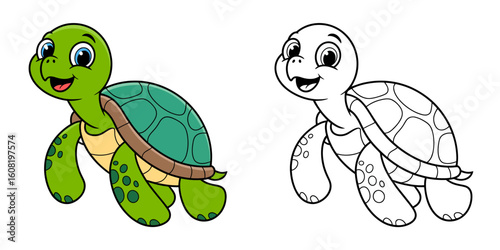 Happy green sea turtle swimming cartoon illustration