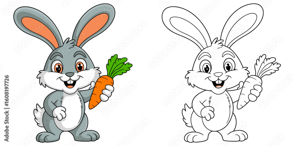 Fototapeta premium Happy gray bunny holding orange carrot rabbit cartoon