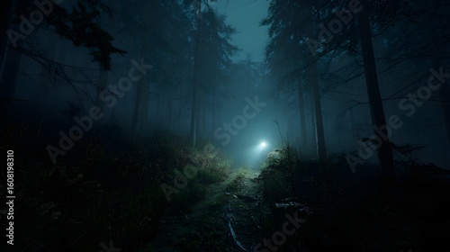 Fototapeta Naklejka Na Ścianę i Meble -  A first-person perspective shot of walking on a path in a dark, spooky forest at night, lit by a flashlight. A survival horror concept.

