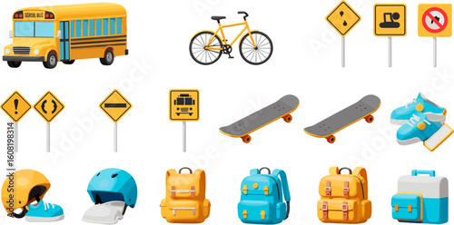 Colorful school and commuting safety equipment icons, a transportation and safety elements