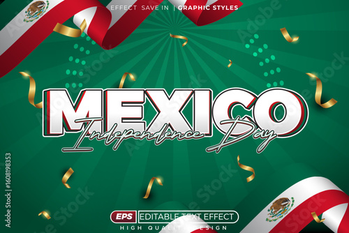Editable 3d vector text effect mexico independence day with confetti, flag and green background