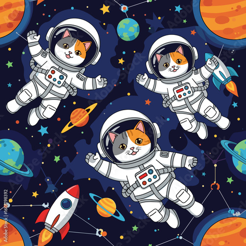 Cute cats in space suits floating among planets and stars; perfect for children's books, textiles, or space-themed designs.