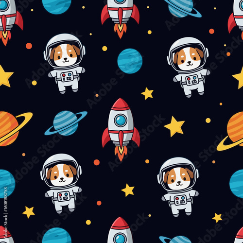 Cute dog astronauts and rockets seamless pattern for kids' apparel, fabric, or space-themed projects.