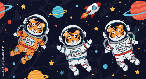 Cute tigers in space suits floating among planets and stars. Perfect for children's books, textiles, or space-themed projects.